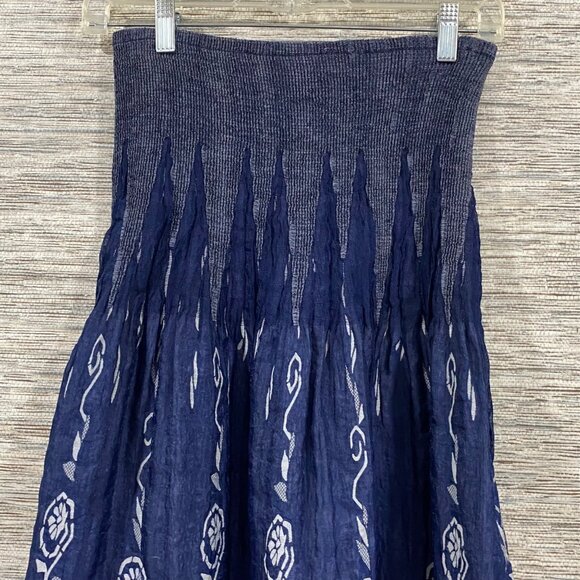 Boho Navy Blue Smocked Waist Maxi Skirt With White Floral Embroidery tube top - Picture 3 of 4